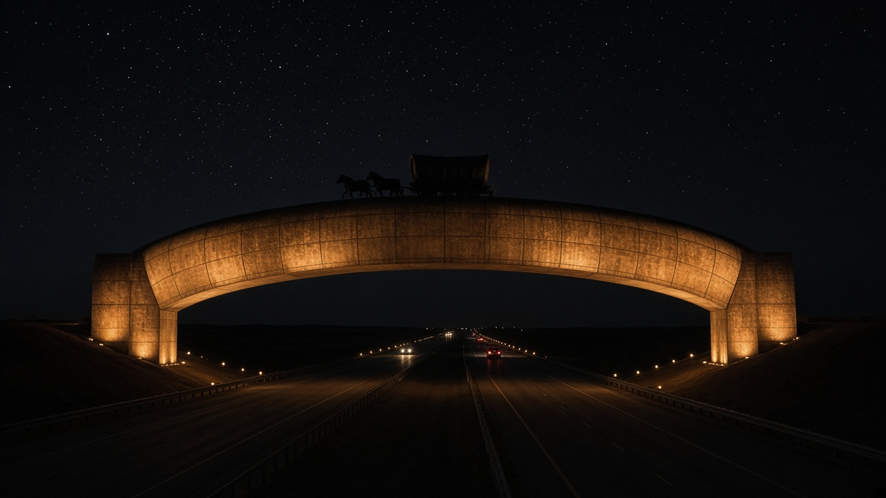 The highway beneath a lit archway at night